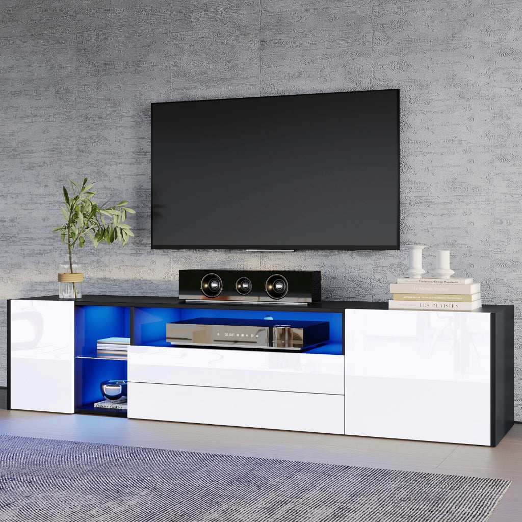 Mobile porta tv 180 cm per 75 pollici con 2 cassetti e 2 ante; bianco e nero