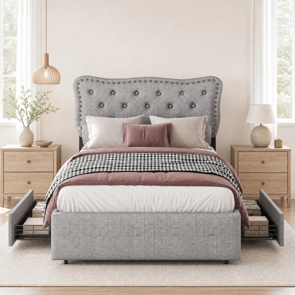 Letto singolo imbottito 90x200 cm con 2 cassetti grigio