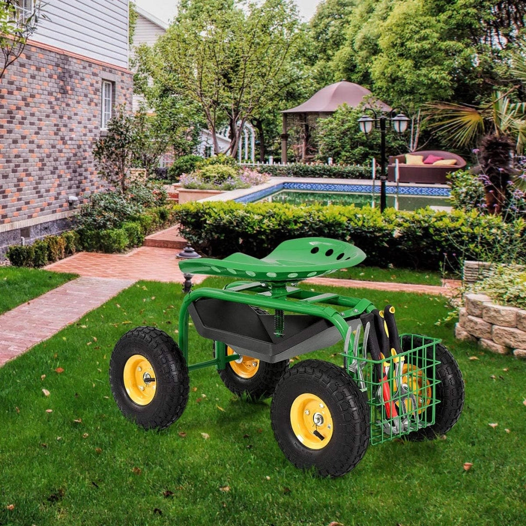 Sgabello da Giardino, Sgabello per Giardinaggio con Ruote, Sedile Regolabile in Altezza e Girevole a 360°, Cestello e Vassoio, Carrello per Prato e Giardino, Portata 150 kg(Verde)