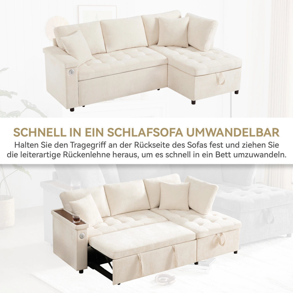 DIVANO LETTO angolare destro 209x130 cm in Chenille Beige con contenitore e USB