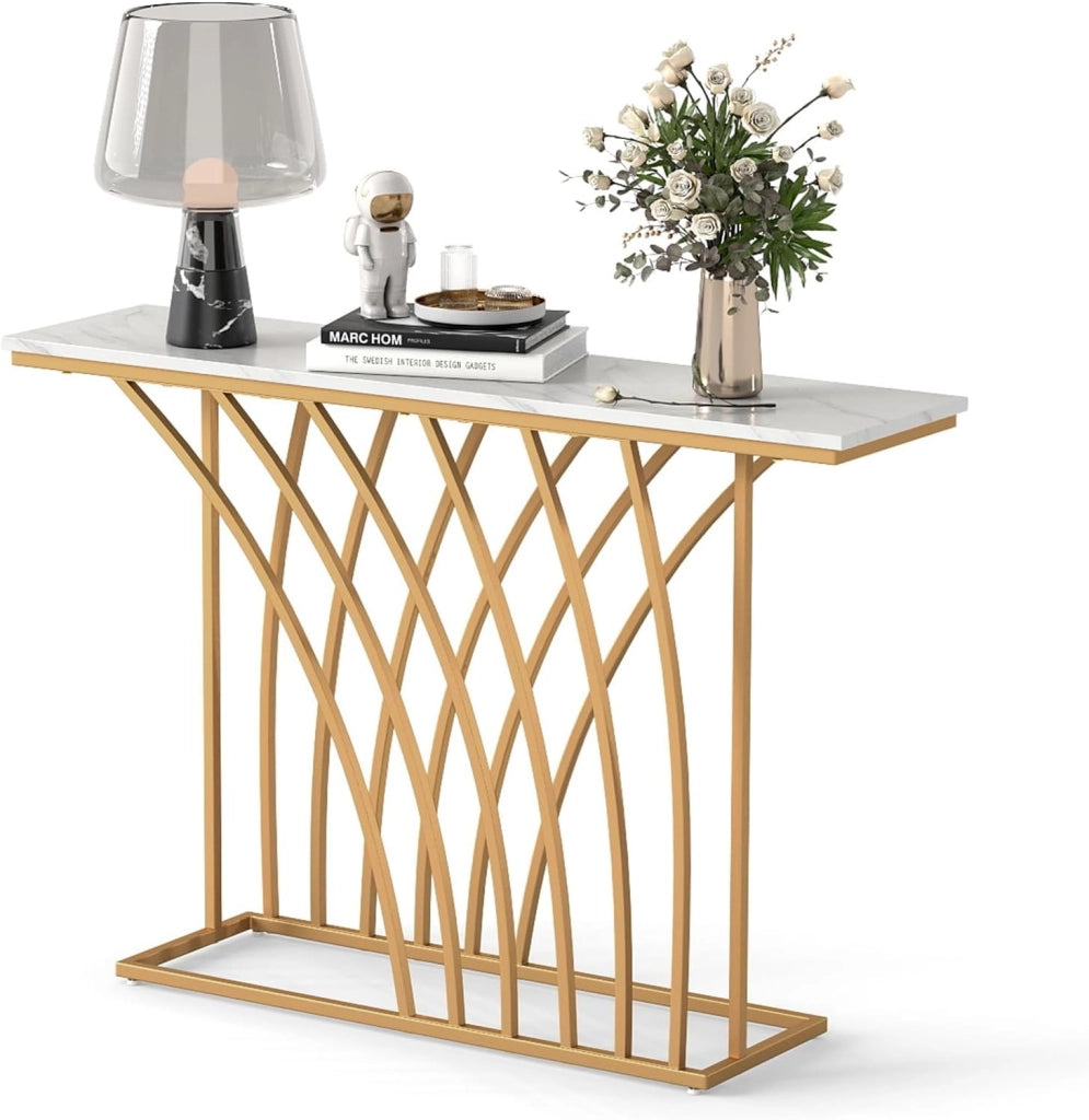Tavolo da Console Ingresso Moderno con Piano in Finto Marmo, Struttura Geometrica in Metallo Dorato, 120 x 30 x 80 cm, Oro e Bianco