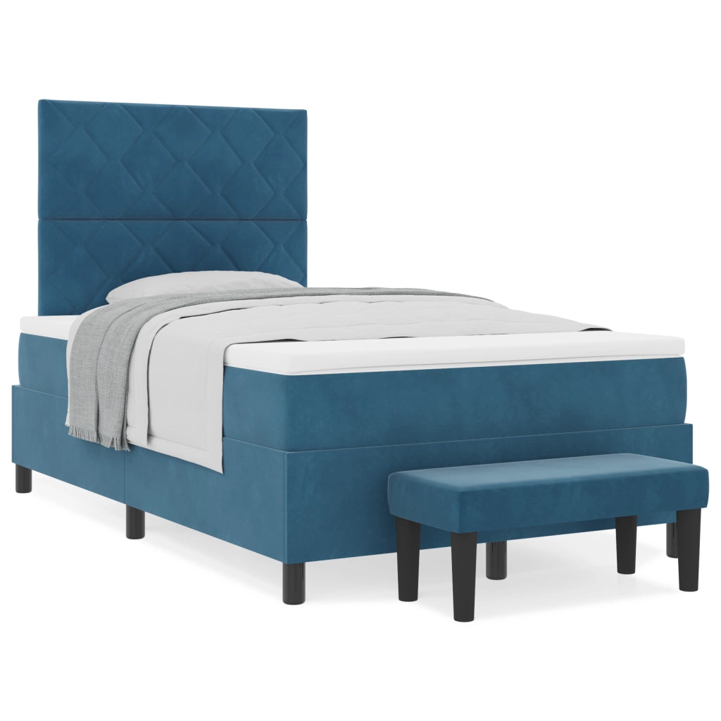 Letto Box Spring con Materasso e Panca in Velluto Blu Scuro 120x190 cm