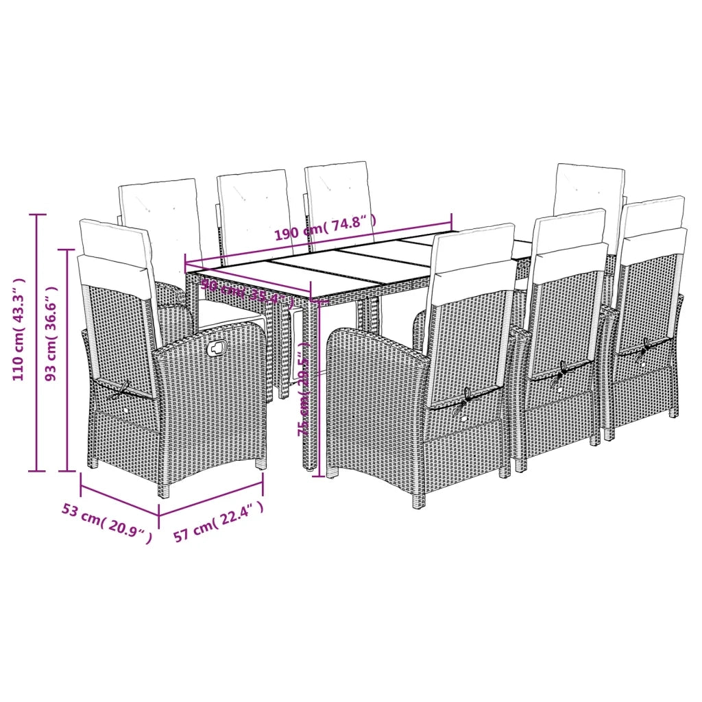 Set da Pranzo da Giardino 9 pz con Cuscini Nero in Polyrattan 3212455