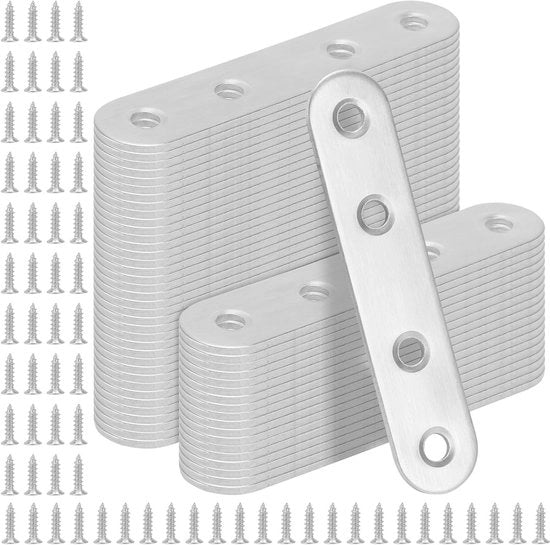 Piastre di riparazione in acciaio inox - 50 piastre di connessione per mobili, tavole e strutture, argento, 77 x 16 x 2 mm