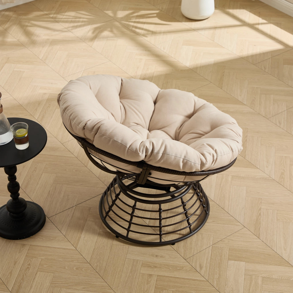 Sedia Papasan ergonomica in vimini girevole a trecentosessanta gradi cuscino spesso telaio marrone finitura beige adatta per soggiorno camera e sala lettura