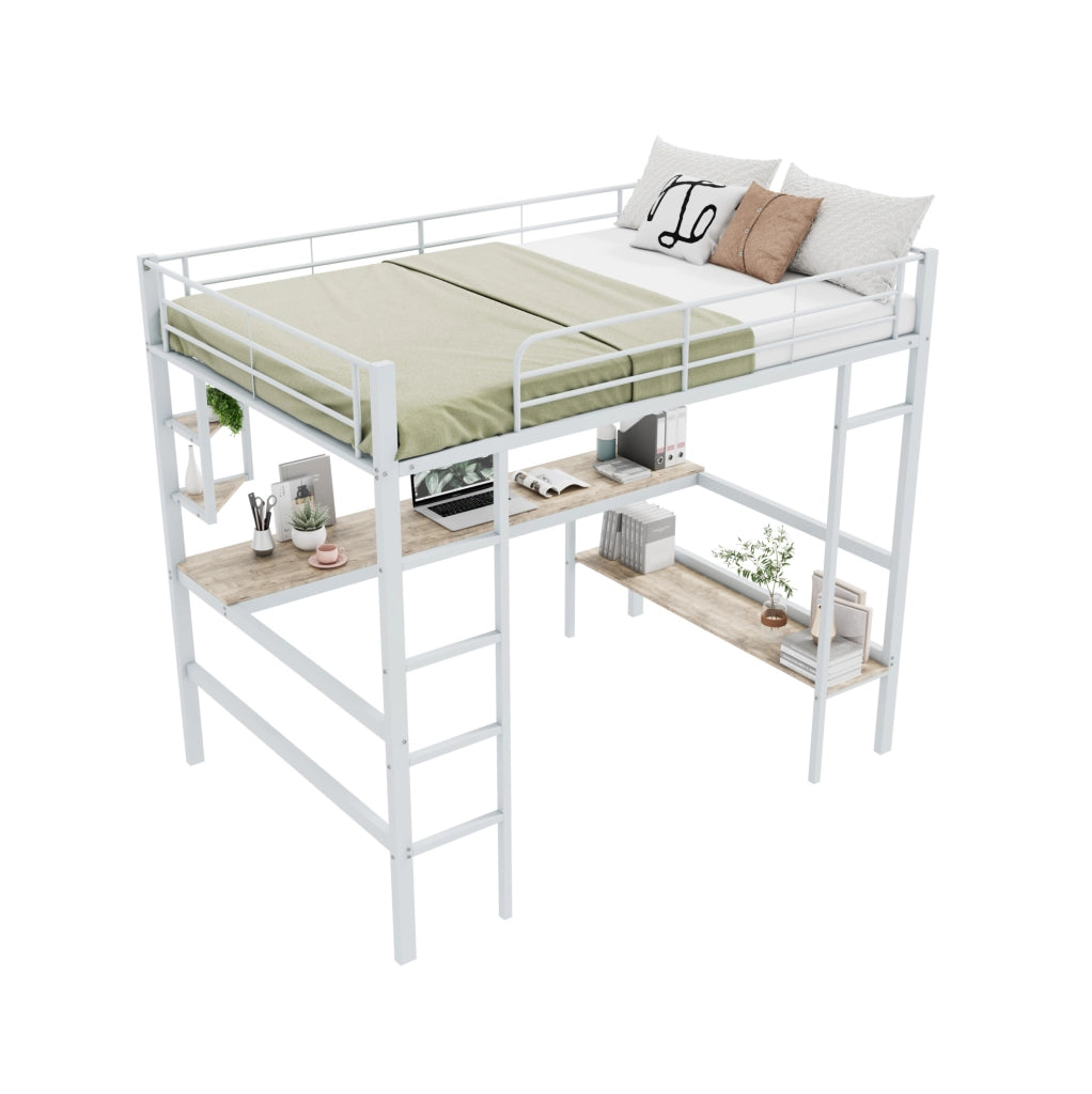 Letto a soppalco 140x200 cm con scrivania e libreria in metallo bianco