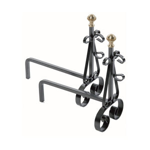 Coppia di Alari per Camino Pomolo in Ottone in Ferro Verniciato Grigio Martellato