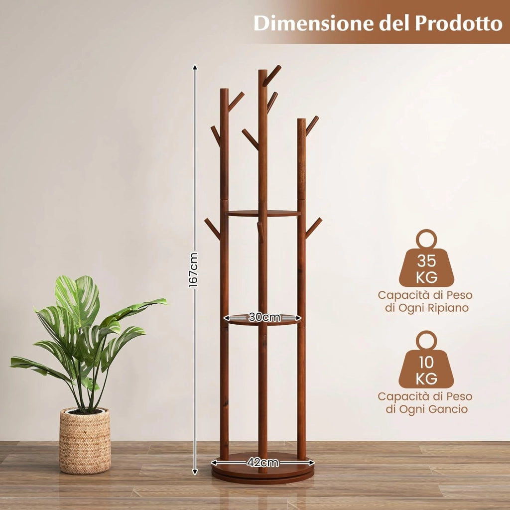 Attaccapanni girevole a forma di albero, Appendiabiti con 3 Ripiani e 9 Ganci, Appendiabiti 167 cm per Ingresso Salotto Camera da Letto