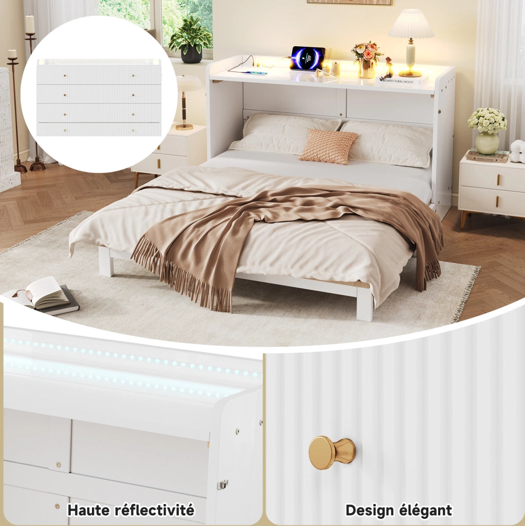 Letto a scomparsa ULEVR 140x200 cm con cassetti, LED, USB e presa, bianco