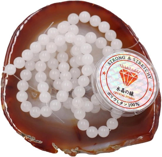 Kralen con corda per la creazione di accessori per l'autoaiuto Pietre decorative per DIY Armband energetico 8 mm = 96 pezzi e 1 rotolo di corda Pietra di giada bianca 8 mm