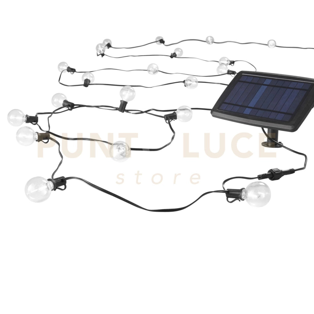 STRINGA ELETTRIFICATA PICNIC NERA CON PANNELLO SOLARE 25 ATTACCO E12 0,3W 3000K IP44 762CM