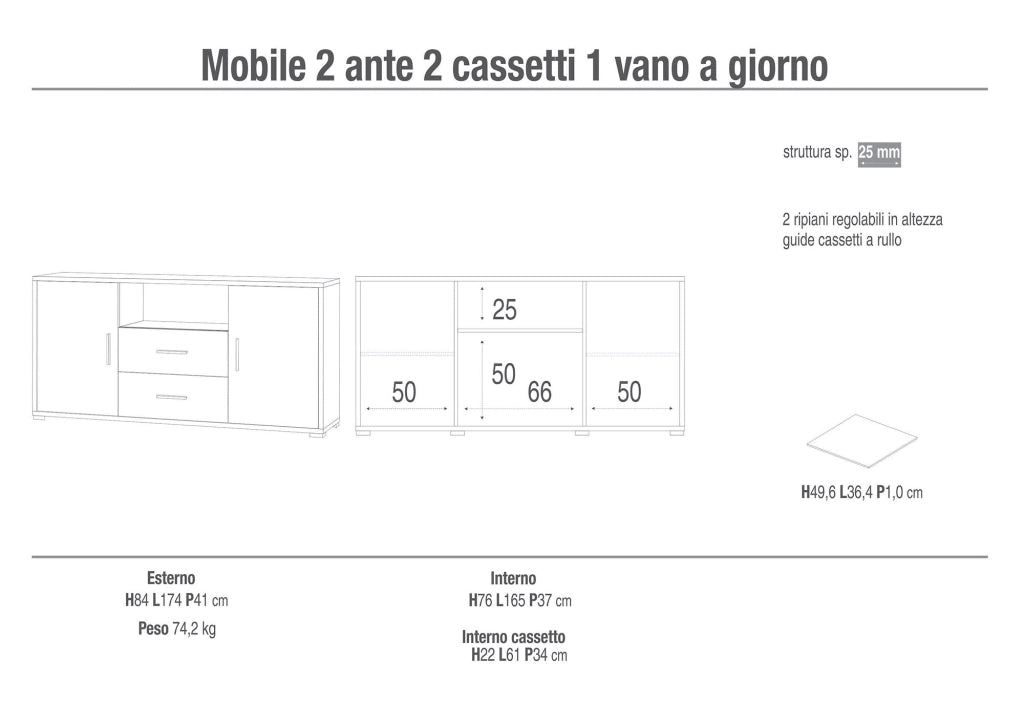 Mobile 2 Ante 2 Cassetti 174x84x41 cm Ossido Bianco/Rovere Naturale