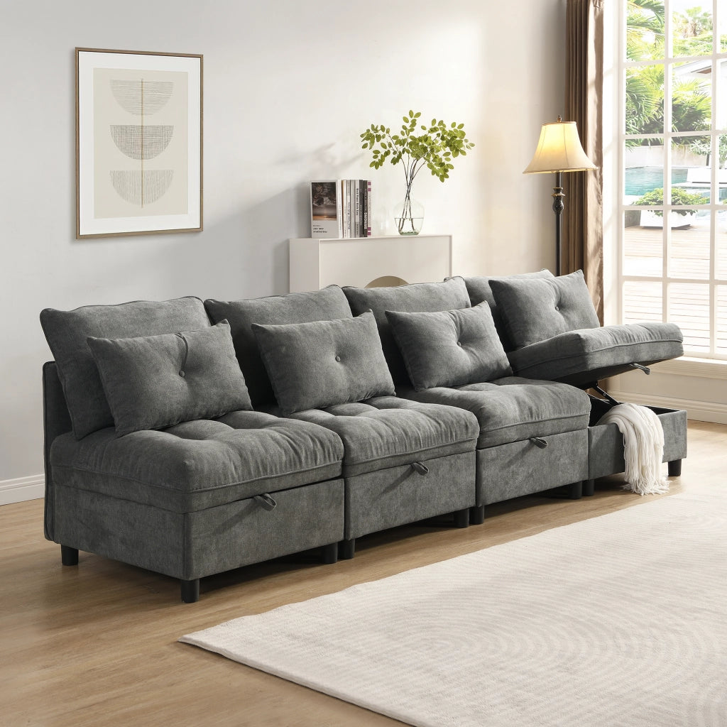 Divano modulare 4 posti - con vano contenitore e funzione letto - in chenille - grigio antico