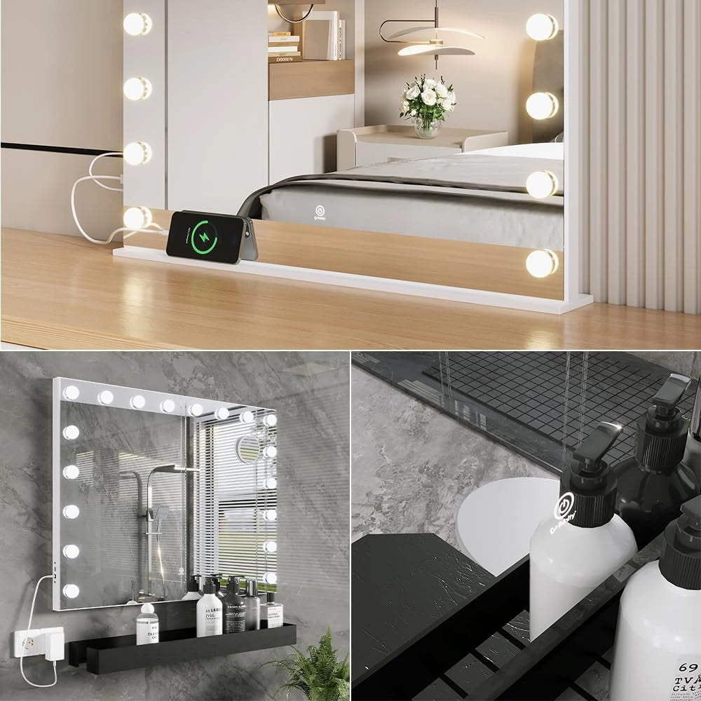 Specchio da toilette Greta, Bianco, 80 x 61 cm con illuminazione a LED, con specchio cosmetico integrato 10x e porta USB