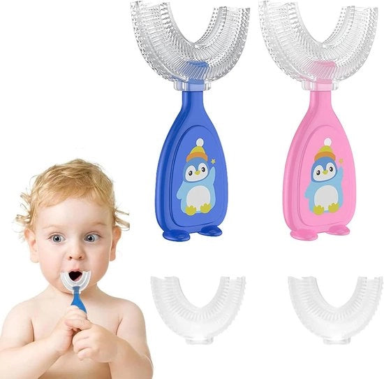 Tandenborstel per bambino in forma di U, manuale, cuscinetto di massaggio in silicone, 2 pezzi (2-6 anni)