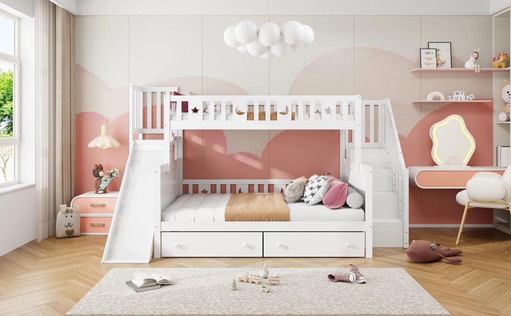 DESMIU Litto a castello bambino 90 × 200 e 140 × 200 cm con scivolo, scala, 2 cassetti, senza materasso, bianco