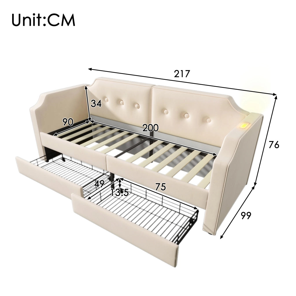 LETTO 90x200 cm in Velluto Beige con USB Type C, Lampada da Lettura e 2 Cassetti