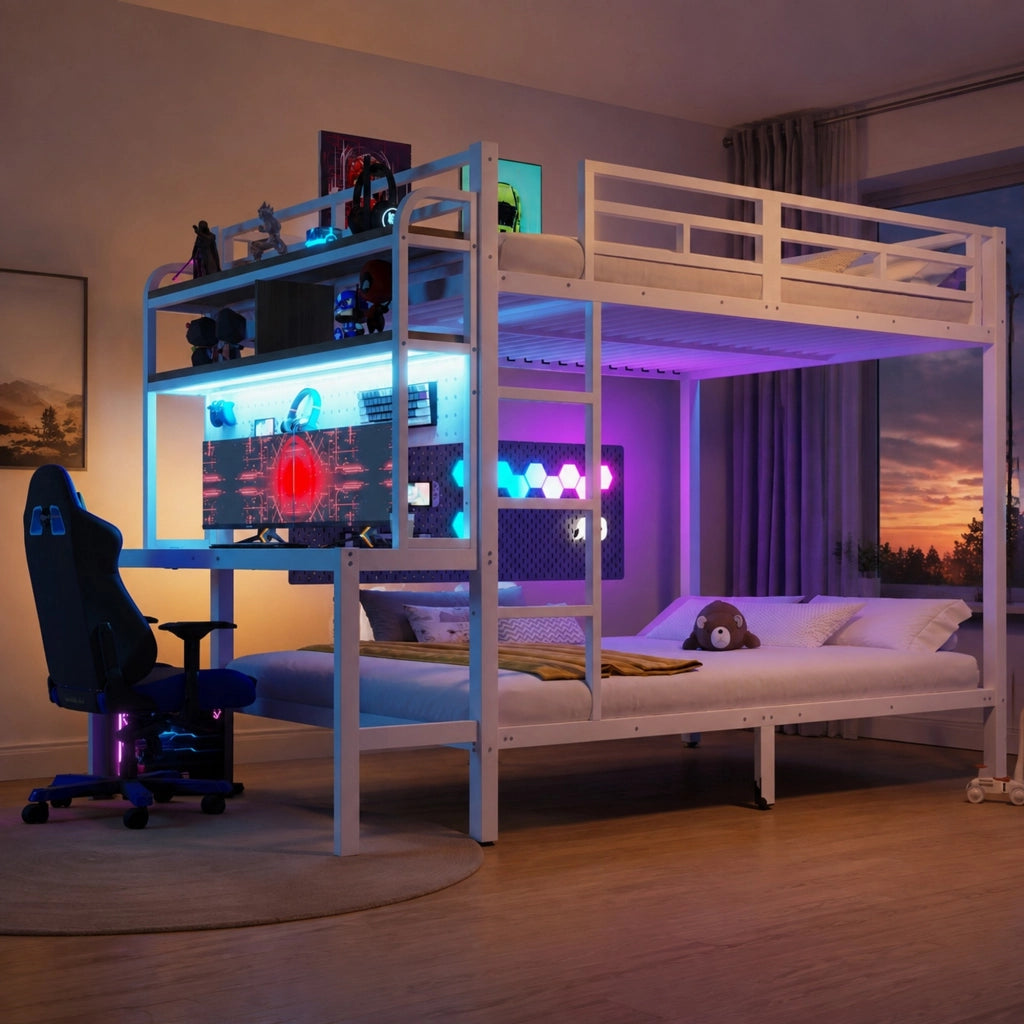 Letto a castello 140x200 cm in metallo e MDF; con scrivania; ripiani; LED e USB; bianco