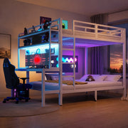 Letto a castello 140x200 cm in metallo e MDF; con scrivania; ripiani; LED e USB; bianco