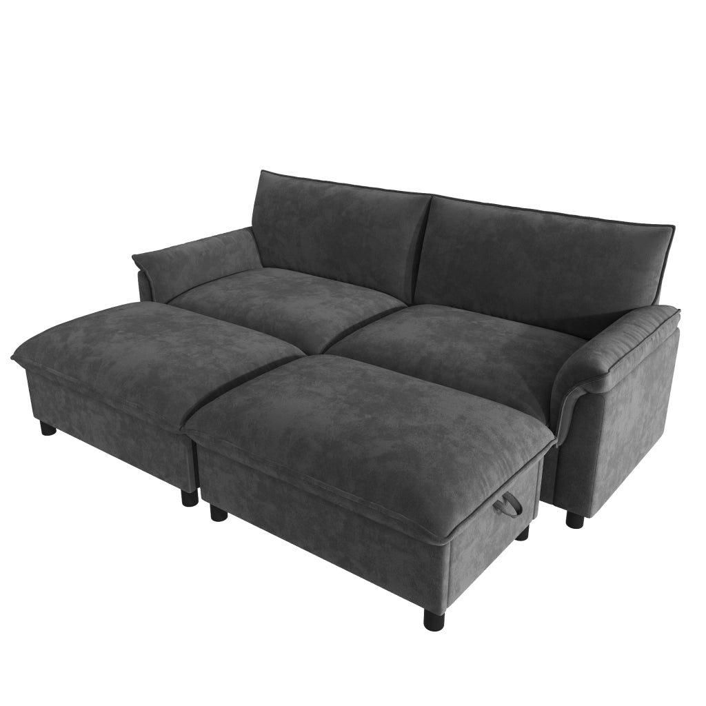 Divano modulare in chenille nero con pouf contenitore mobile, funzione letto temporanea, 216x77x82 cm