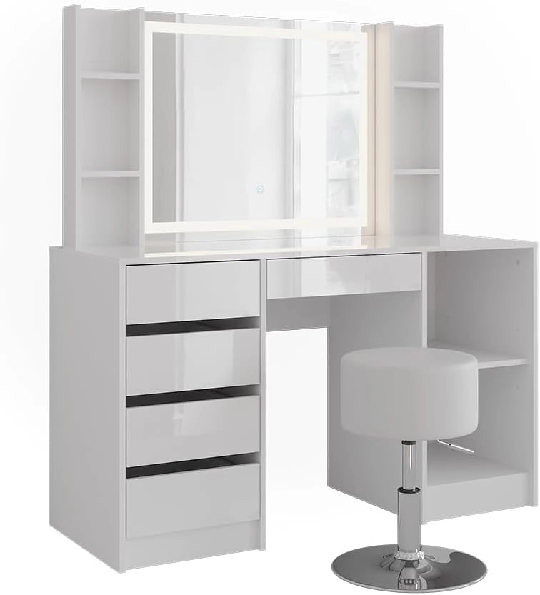 Tavolo da toeletta Sherry, Bianco/bianco lucido, 128.2 cm 5 parti