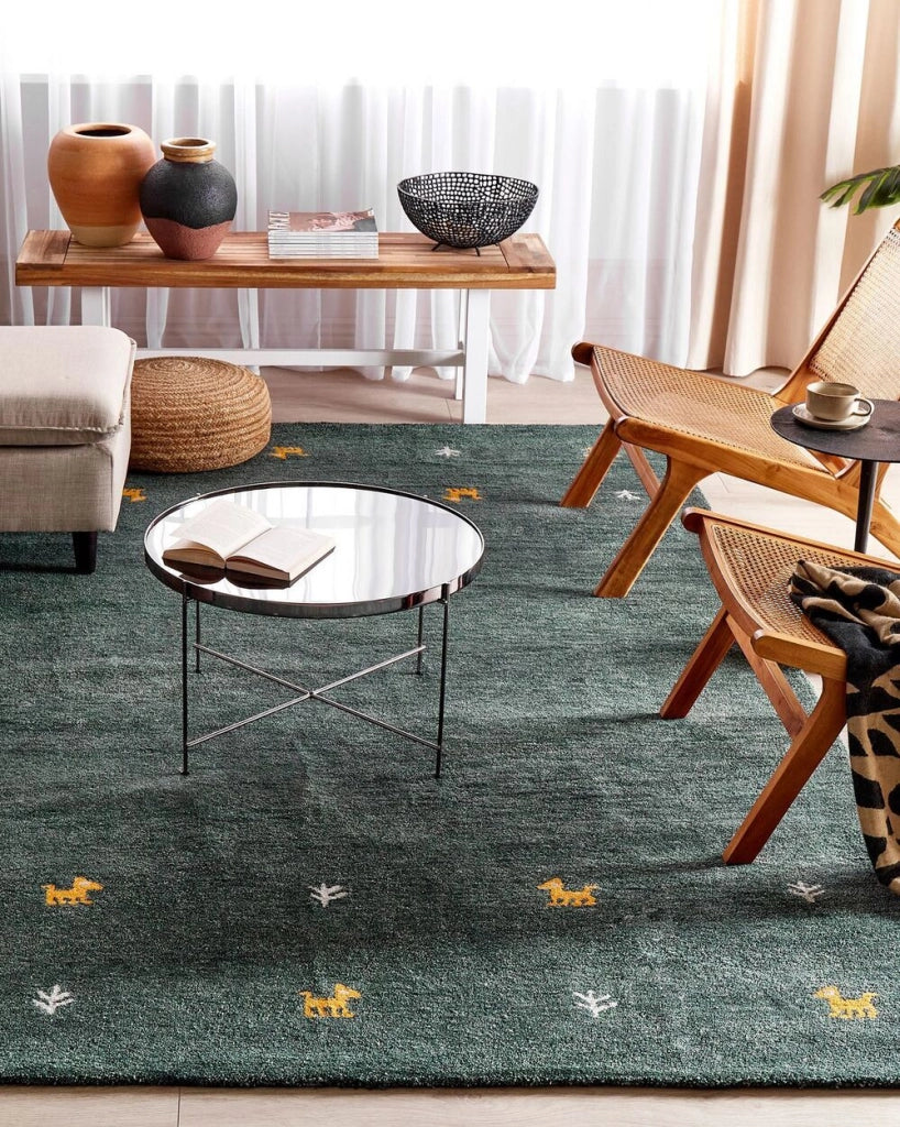 Tappeto Gabbeh in lana verde 200 x 300 cm, trapuntato a mano con motivi animali occidentali e design rustico