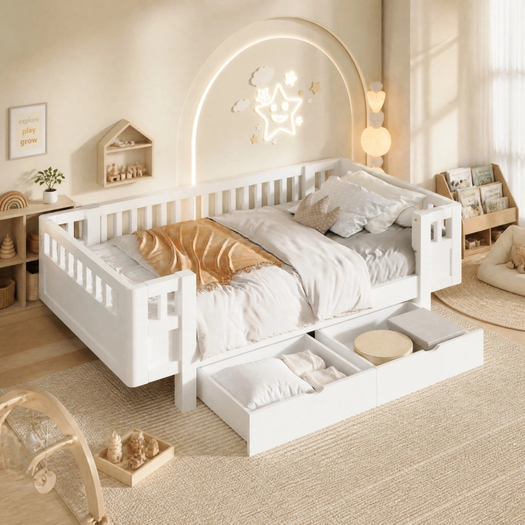 Letto 90x200 cm con sponde alte e due cassetti; bianco