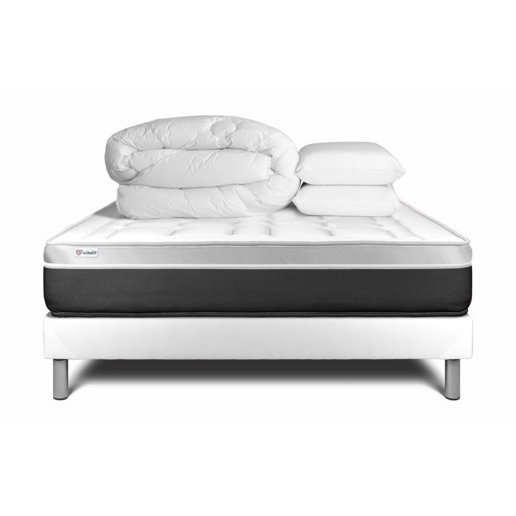 Pacchetto letto completo - Materasso 140x190cm + Box spring con doghe (in kit) + 2 cuscini + Piumino - Vital Soft