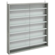 BACHECA PORTAOGGETTI A 5 RIPIANI REGOLABILI IN LEGNO CON ANTE IN VETRO, 80X9.5X83 CM, BIANCO E GRIGIO