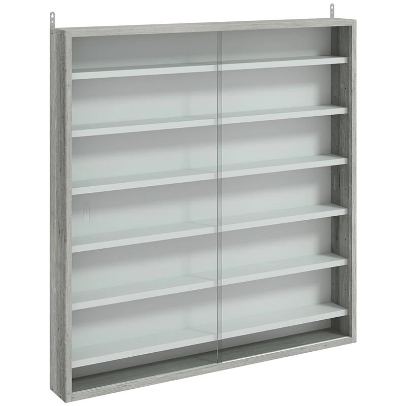BACHECA PORTAOGGETTI A 5 RIPIANI REGOLABILI IN LEGNO CON ANTE IN VETRO, 80X9.5X83 CM, BIANCO E GRIGIO