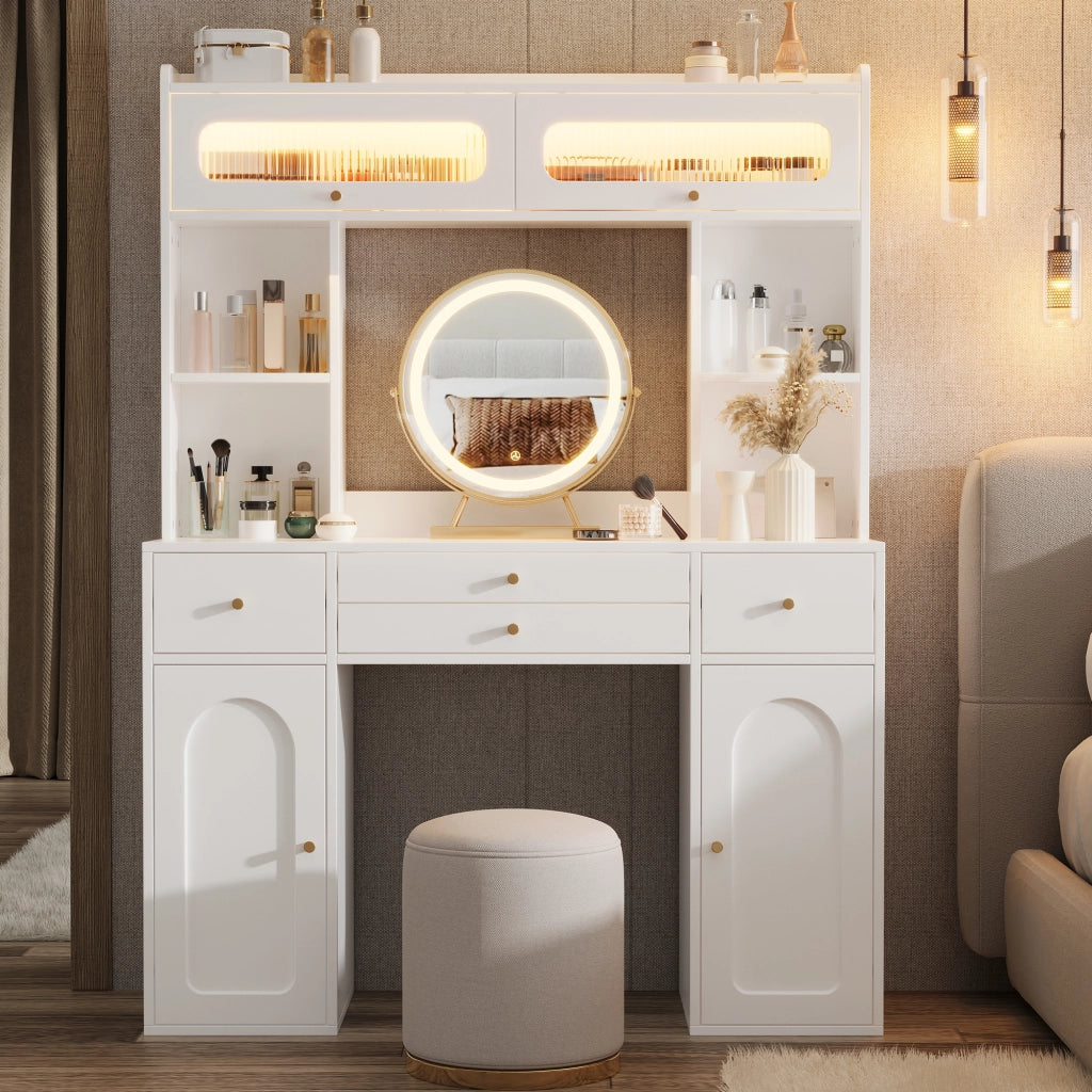 Tavolo da trucco con specchio rotondo, illuminazione LED, 4 cassetti, 4 vani aperti, 2 armadietti e 2 ante in vetro, bianco, 120¡Á40¡Á160 cm
