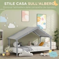 Letto a Casetta in Legno di Pino a 15 Doghe con Tetto Stellato in Tessuto, 213x100x140 cm, Grigio