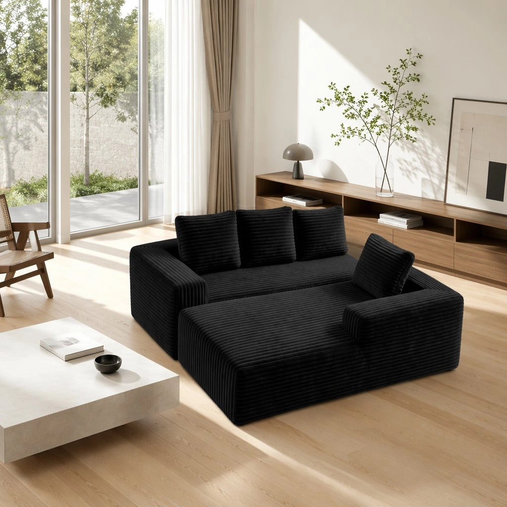 Divano ad angolo, divano a L, con poltrona reclinabile a destra, design modulare, 4 cuscini, pronto all’uso, nero