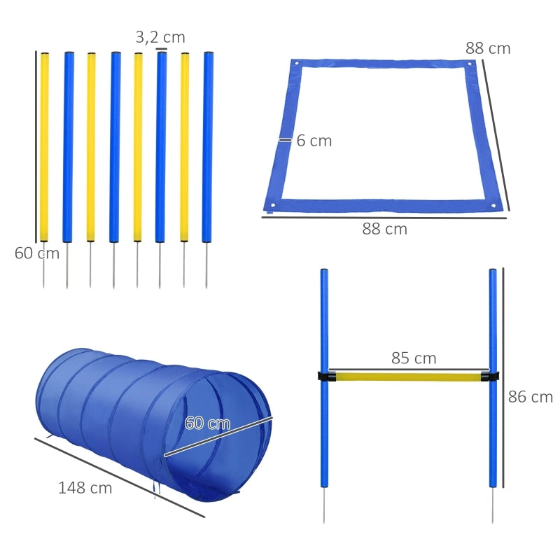 Set di agility per cani, set di attrezzature per agility composto da 4 pezzi: tunnel per cani, ostacoli, 8 pali da slalom, campo di partenza, borsa