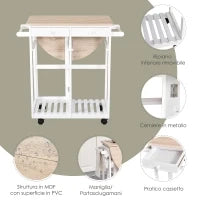 Carrello da Cucina Pieghevole, Mobile da Cucina Salvaspazio con 2 Sgabelli 2 Cassetti 5 Ruote (Rotazione 360°), Legno MDF Bianco