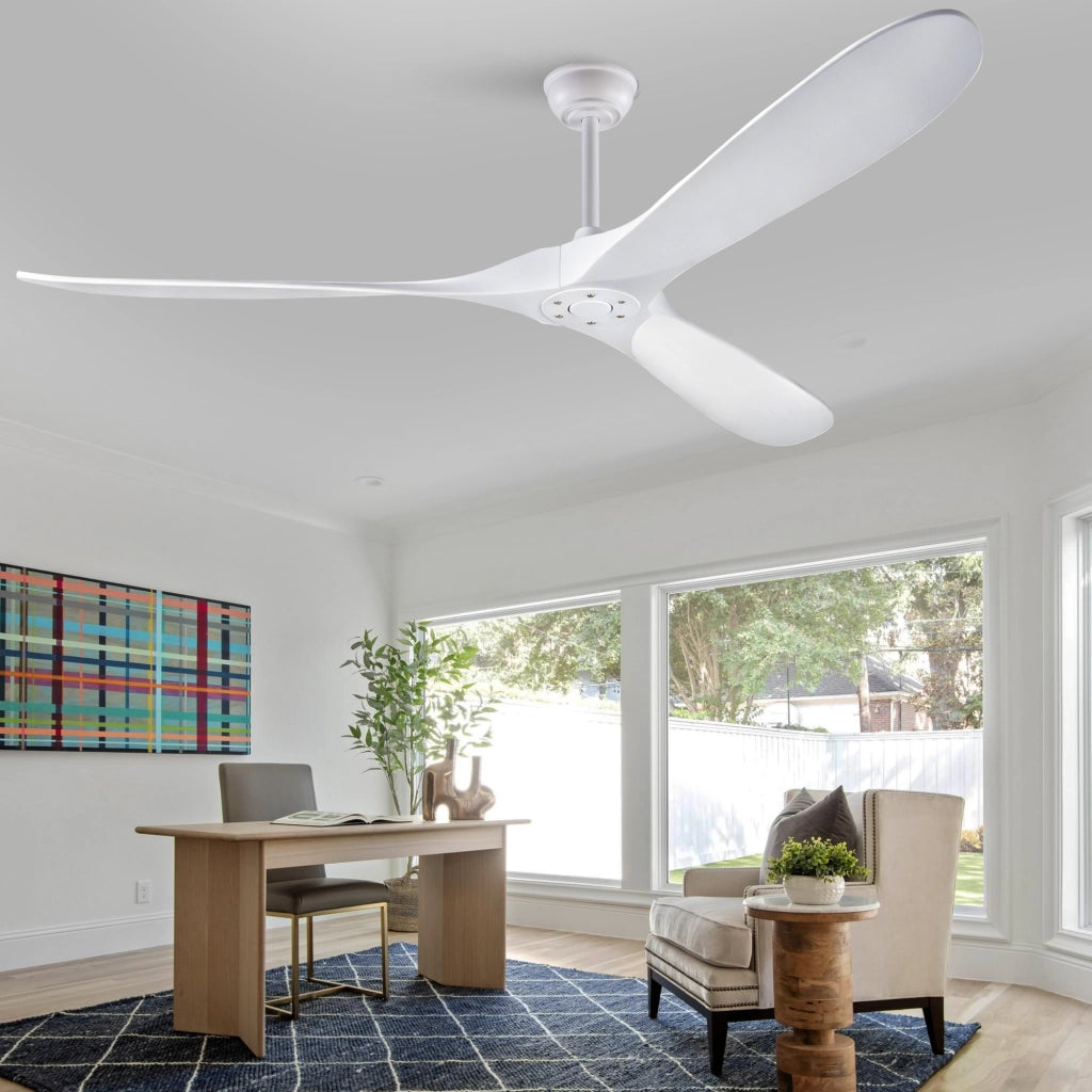 Ventilatore da soffitto bianco design moderno 70 pollici, 3 pale legno massello, senza illuminazione, motore DC reversibile silenzioso
