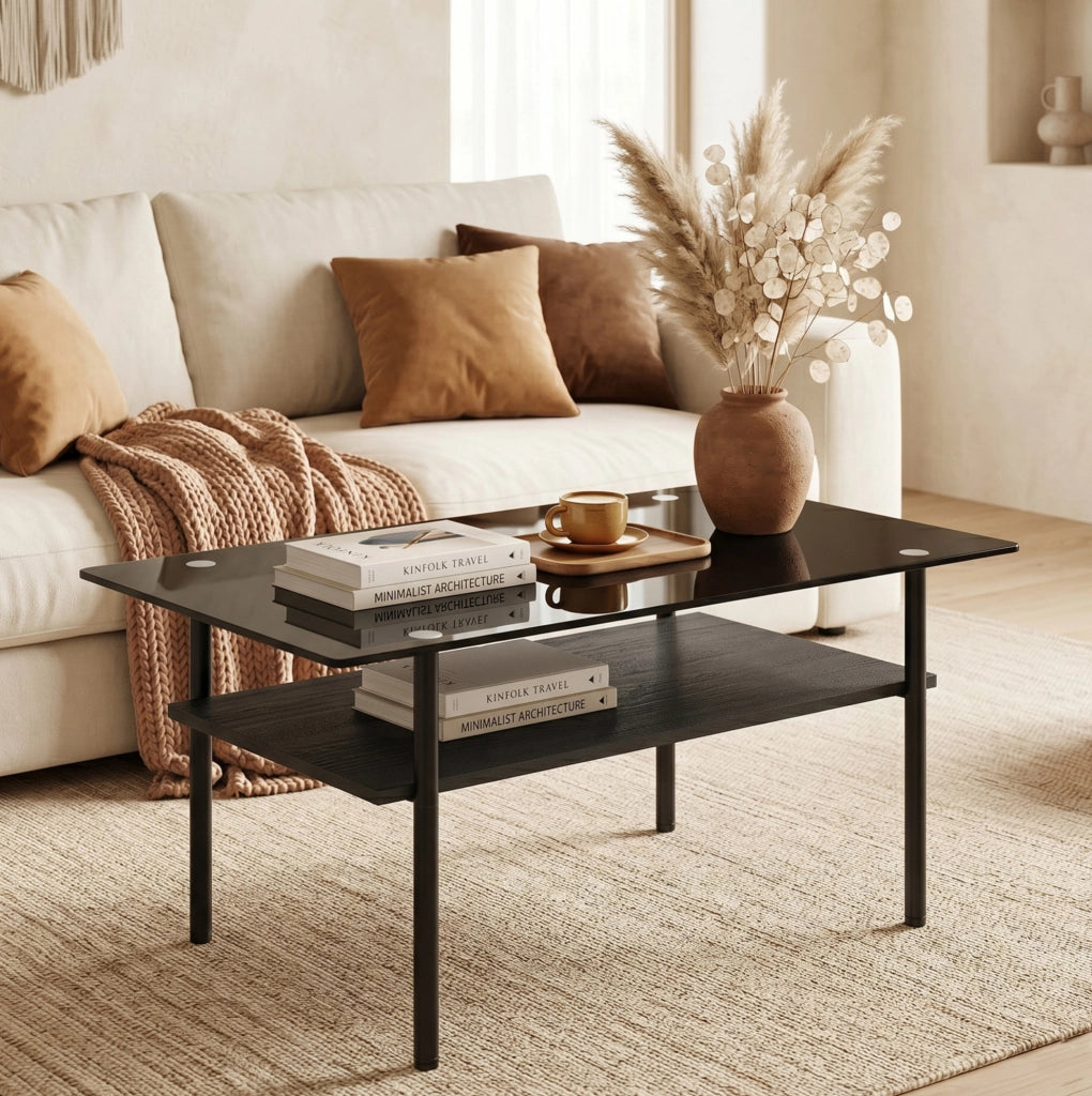 Tavolino da salotto moderno con piano in vetro nero e ripiano in MDF