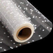 Cellofaanwikkelrol trasparente con punti bianchi - 30 m x 86 cm - Papiro fiorista - Trasparente - 3 mil - Cellofaan di alta densità - Rollo di cellofaan per regali - Foliatura di cellofaan per fiori - Festa - Natale - Feste.