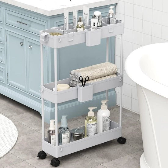 Carrello con 3 livelli, vettura da cucina, mobile di archiviazione su ruote, vettura multifunzionale con 6 ganci e 2 contenitori per cucina, bagno, grigio