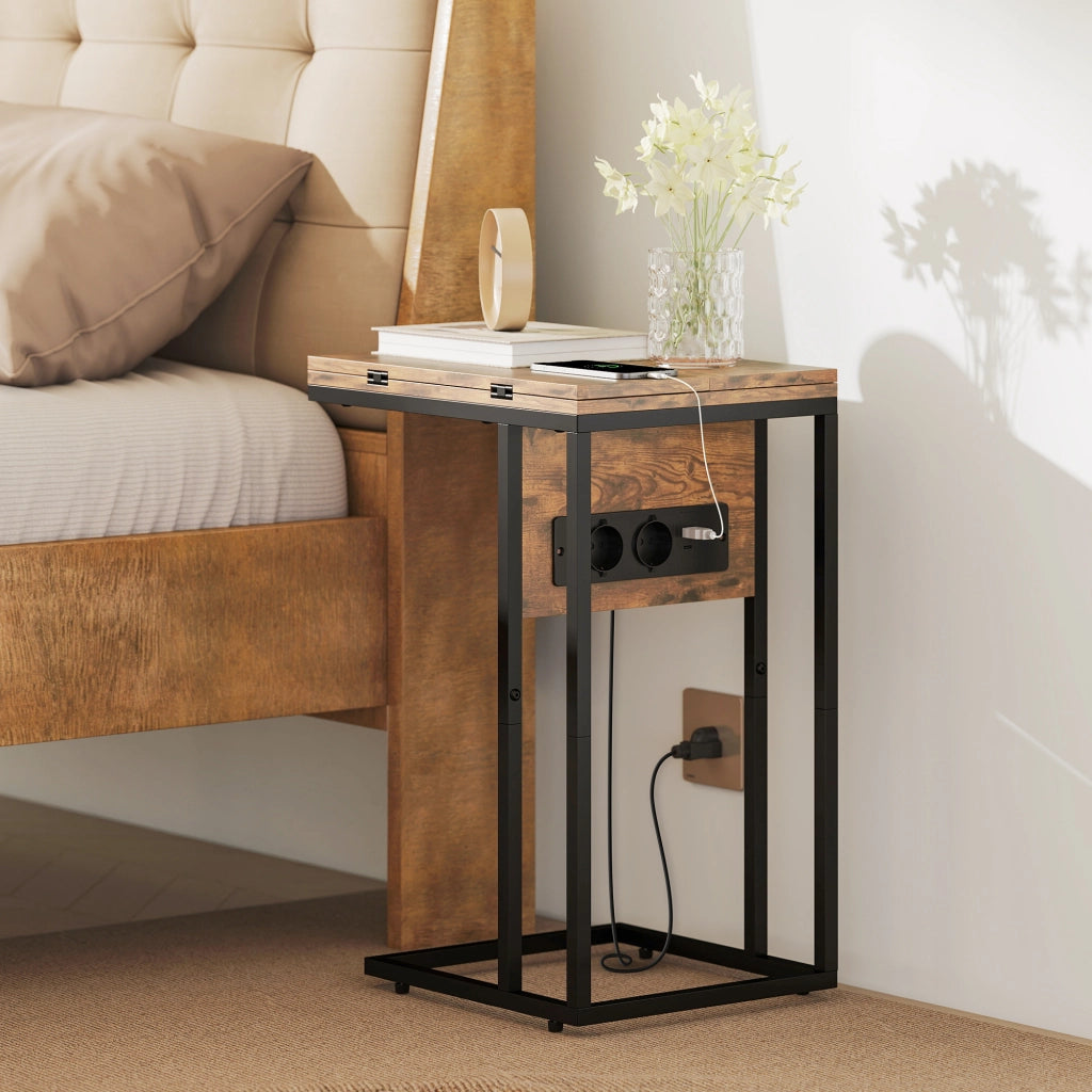 Tavolino da salotto con piano pieghevole e stazione di ricarica ¨C Minimal ¨C 39x29x57 cm, marrone e nero