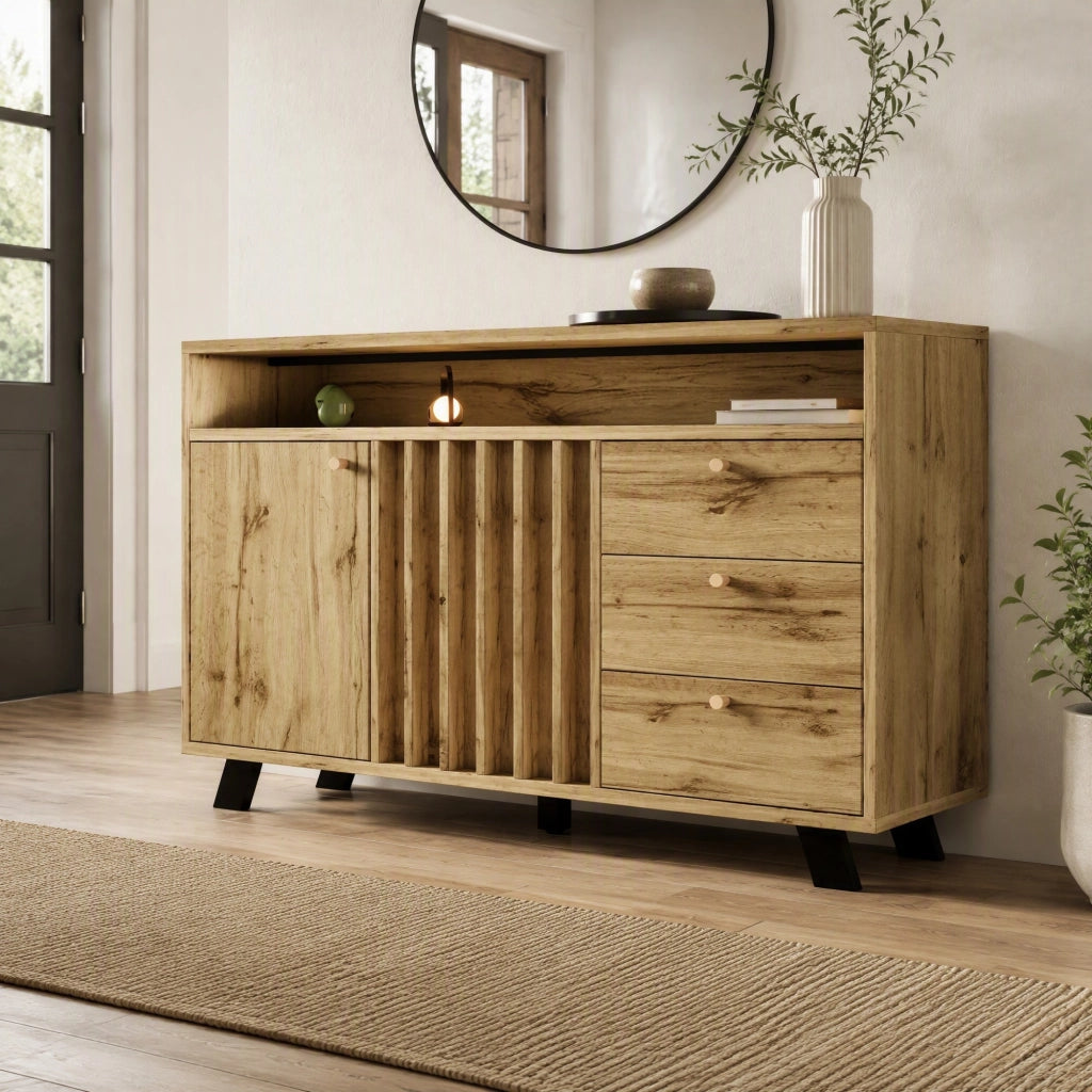 CREDENZA con 3 cassetti, 2 ante e vano aperto 120x40x85 cm effetto legno scuro