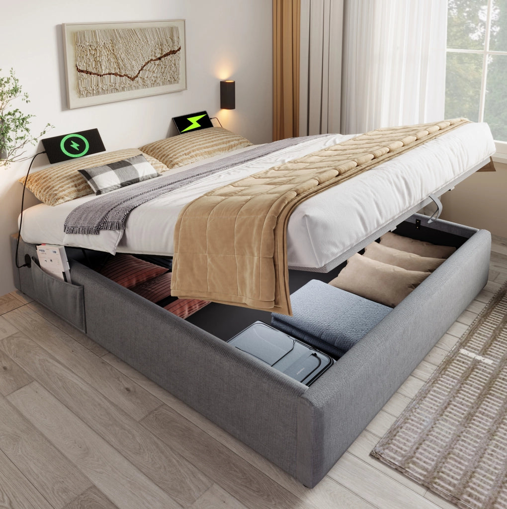 Letto contenitore 160x200 cm con USB e Type-C; senza testiera; in cotone lino; grigio