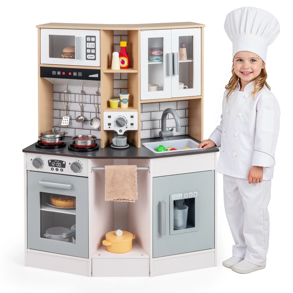 Cucina giocattolo bambini suoni luci legno fornello lavandino cappa-Cucina ghiaccio caffè microonde forno set bambini 3+anni Grigio