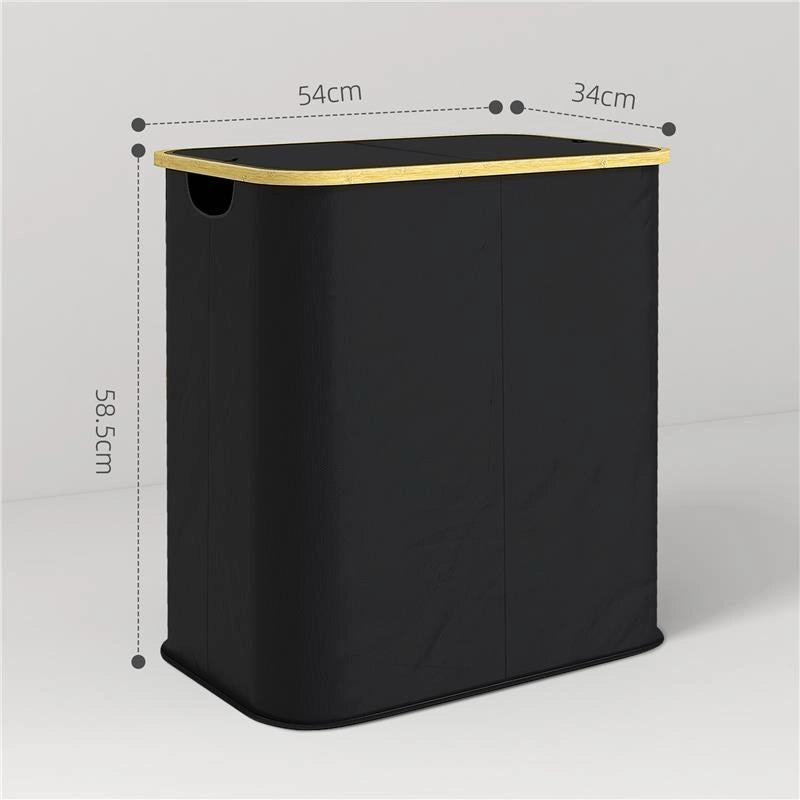 CESTO PORTABIANCHERIA DA 80L A 2 SEZIONI CON COPERCHIO IN TESSUTO NON TESSUTO E BAMBÙ 54X34X58.5 CM NERO