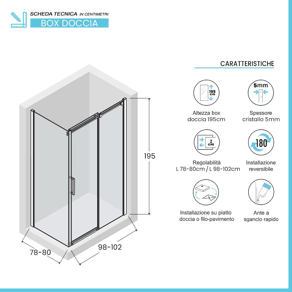 Box doccia angolare 80x100 in vetro temperato trasparente scorrevole con profili bianchi Tay