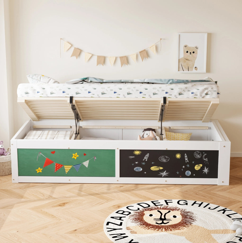 Letto per bambini 90x200 cm con contenitore idraulico; lavagna e pannello in feltro bianco