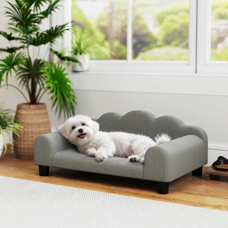 DIVANO PER CANI CON BRACCIOLI DI SUPPORTO, IN LEGNO E TESSUTO FRENCH TERRY, 66X42X28.5 CM, GRIGIO