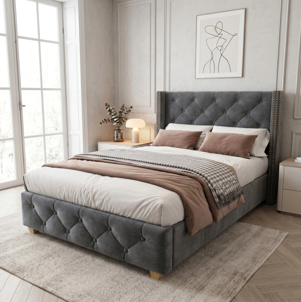 Letto imbottito in velluto grigio 90x200 cm con rete a doghe e testiera