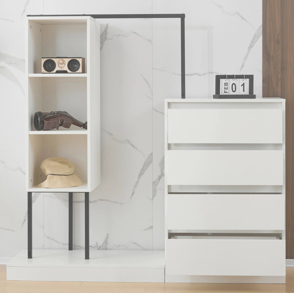Armadio multifunzione bianco con cassetti e vano appendiabiti