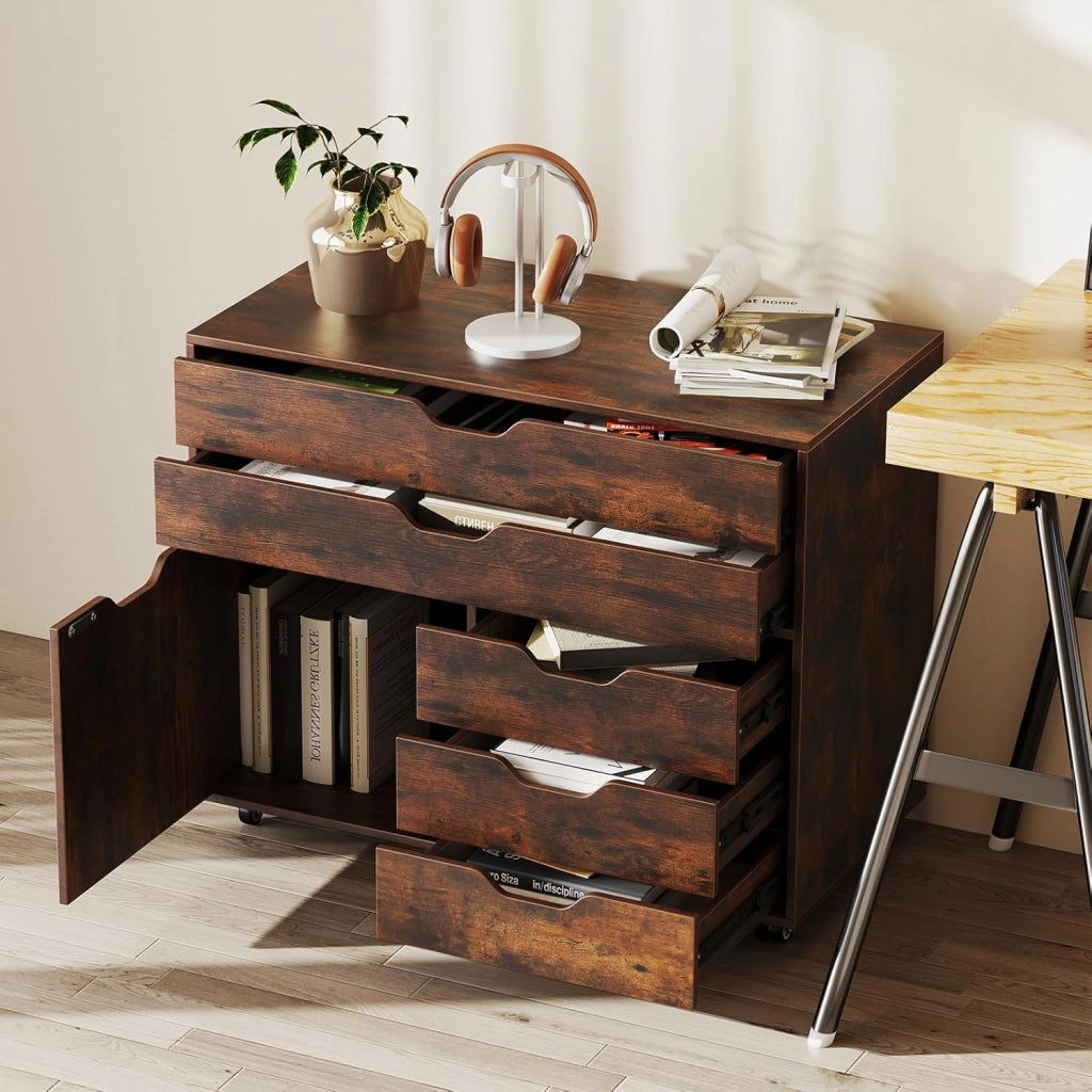 Armadietto portaoggetti, 5 cassetti in 2 dimensioni, scatola portaoggetti mobile con armadio ad ante, mobile da ufficio, 5 ruote universali, 77,5 x 40 x 64 cm (industriale)